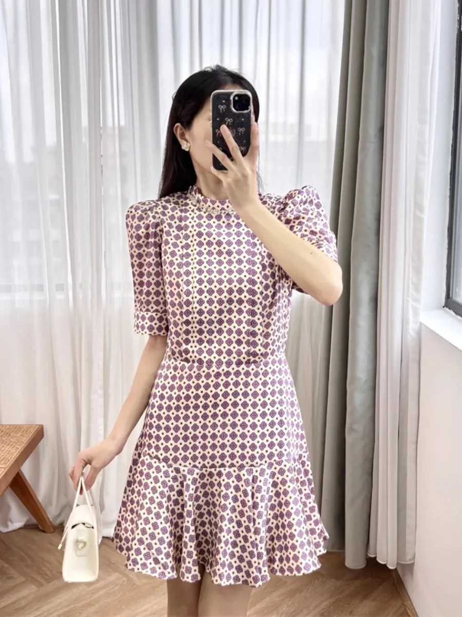 Women Diamond Decoration Mini Dress Printed Round Neck Short Sleeve Summer 2024 Female Pink Robe