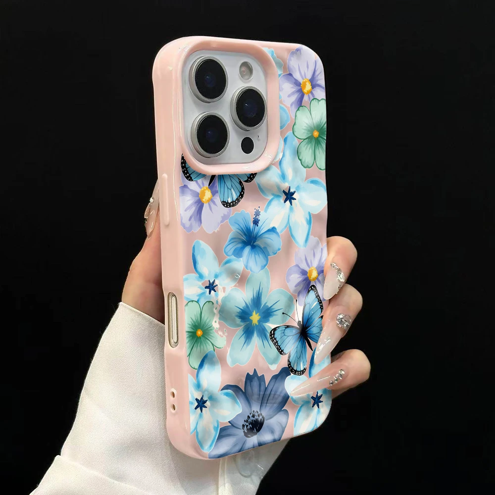 Frühlings-Schmetterlings-Blumen-INS-Handyhülle für iPhone 17 16 15 14 13 12 11 Pro Max 14 Plus 17Air Falten-Wellen-Soft-Silikon-Cover – Detail 9