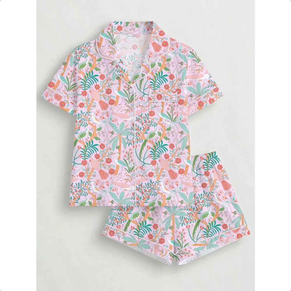 

Marira Floral Bird 2Pcs Pajama Set, Lapel Button Top & Elastic Shorts, Women Casual Home Loungewear