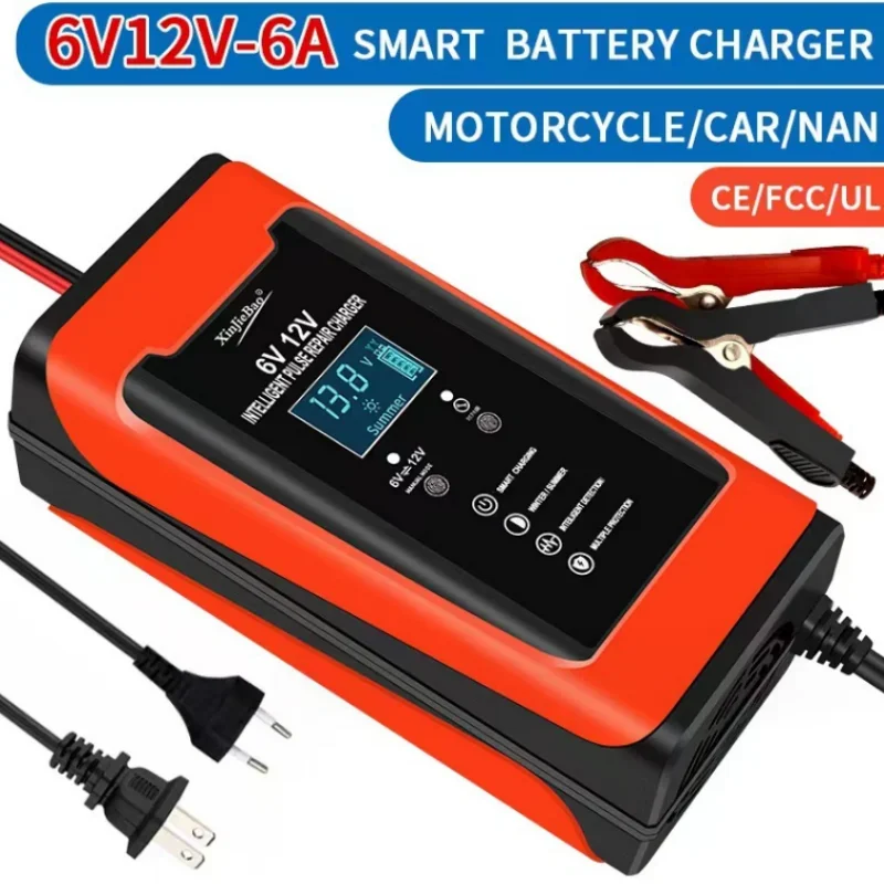 

2024New! 12V 6A Smart Battery Charger Car Battery Starter Lead Acid LCD Display Pluse Repair Fully Automatic Charge For110V-220V