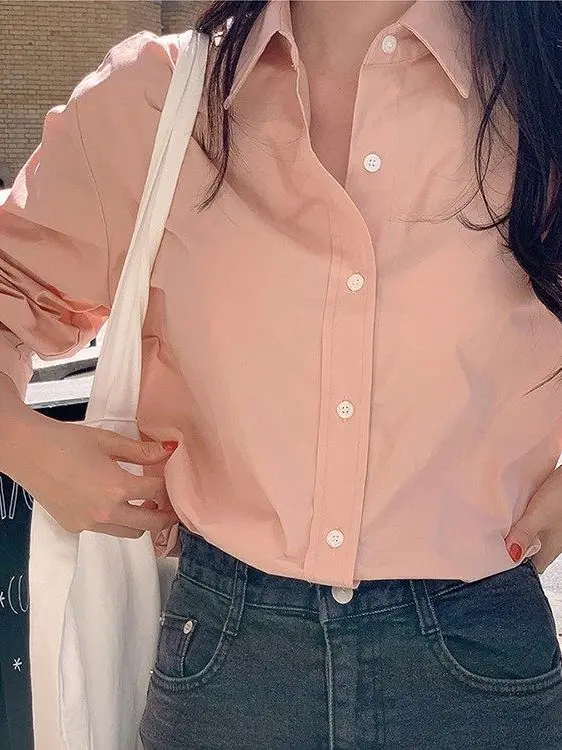 

Женская рубашка цвета Кляйн синий, весенняя новинка, в корейском стиле, свободная повседневная блузка с длинным рукавом, многослойная одежда, белая, из улучшенной полиэстеровой ткани