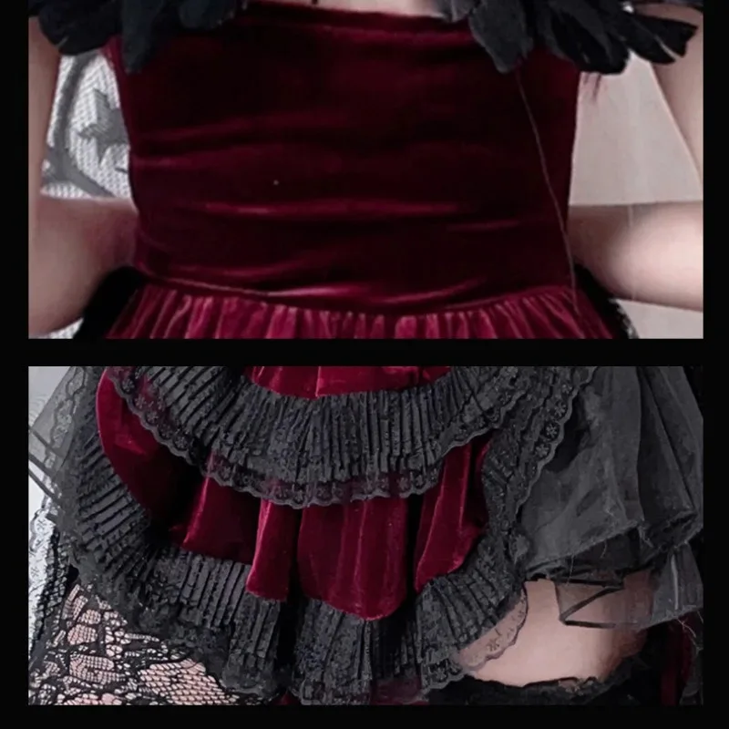 ชุดเดรสเจ้าสาวผีแวมไพร์ปีศาจผีสัตว์ผีเสื้อหางนกนางแอ่นสไตล์เรโทรใหม่ปี 2025 ชุดเดรสลูกไม้เซ็กซี่สไตล์โกธิคสีเข้มสำหรับฮาโลวีน