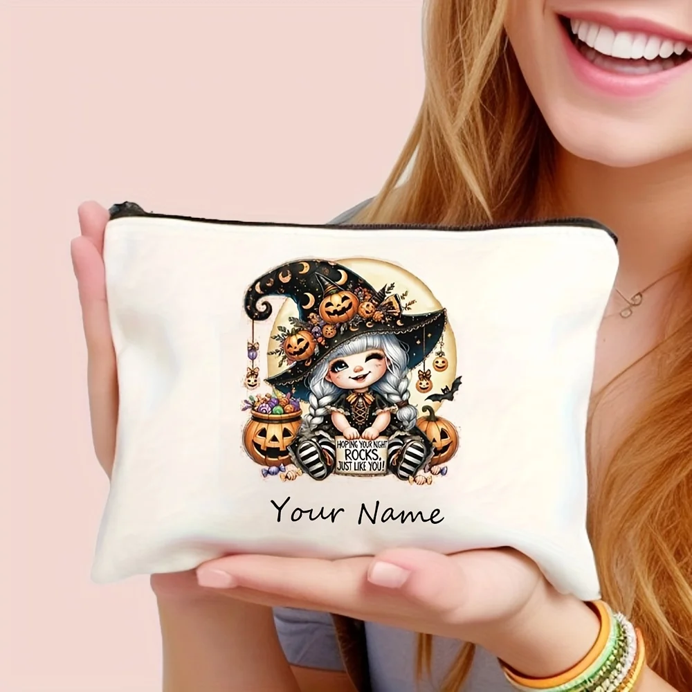 Customizable Name Cute Pumpkin Witch Halloween Cosmetic Bag Lightweight Foldable Makeup Organizer Perfect for Halloween