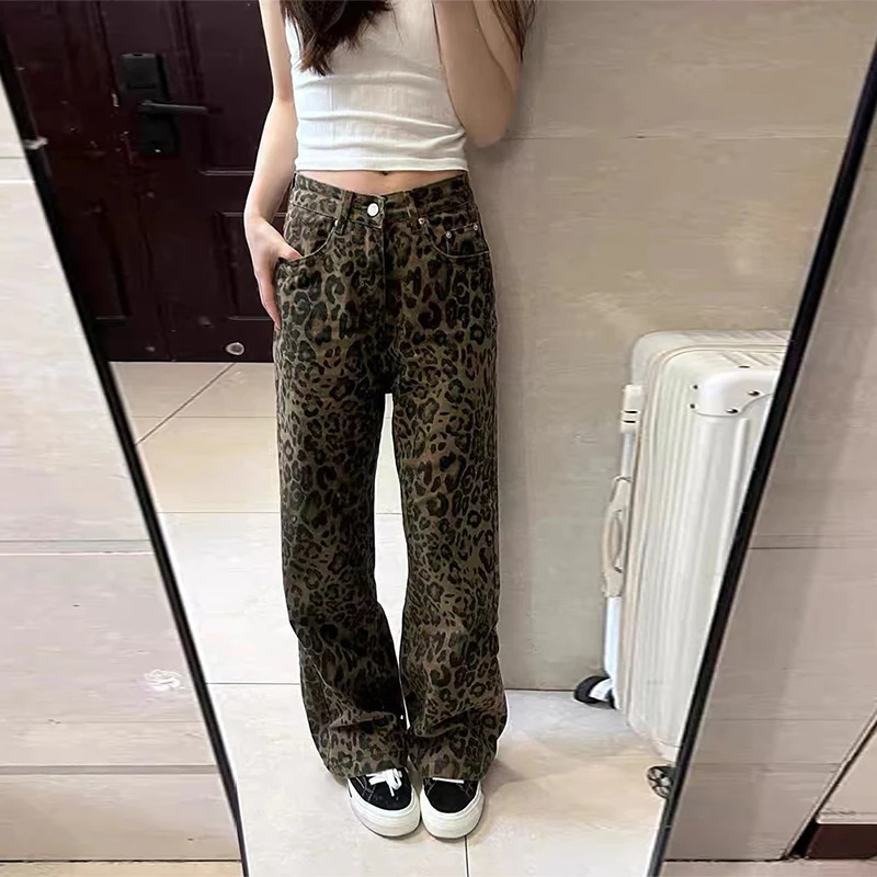 Women's American Vintage Leopard Print Washed Thin Jeans Street Casual Neutral Style DenimTrousers High Waist Straight Pants