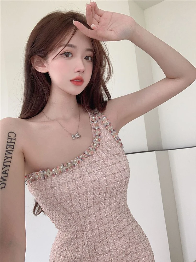 French Vintage Small Fragrance Tweed Dress Female Korean Chic Slim One Shoulder Dress Women Elegant Mini Dresses For Women