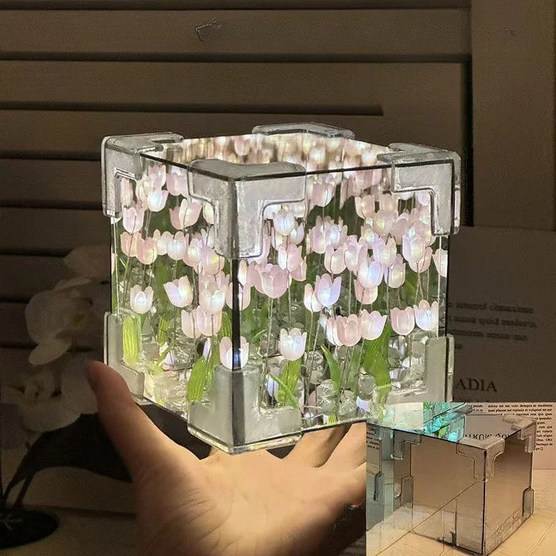 Creative Diy Tulip Flower Sea Cube Three-Dimensional Small Night Lamp Material Package for Girlfriend Couple Girlfriends