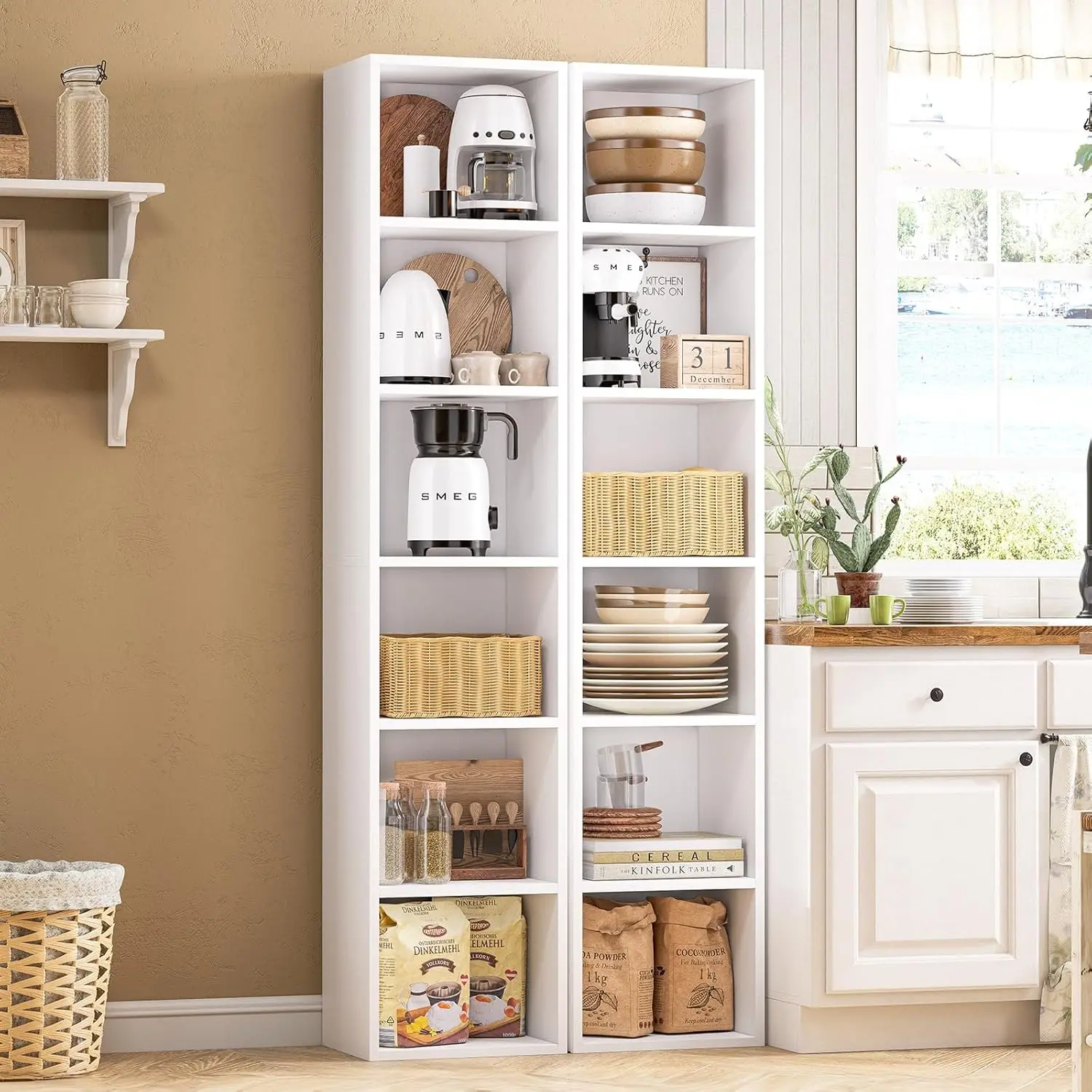 [وصول جديد! ]مجموعة أرفف كتب ضيقة طويلة مكونة من 2، خزانة كتب زاوية نحيفة مقاس 6 طبقات مقاس 71.5 بوصة، عرض رف برجي منظم مكعب مدمج DV