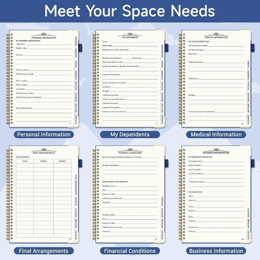 End of Life Planner Estate Planning Organizer with Tabs for Senior Spiral Funeral Planning Book with Large Font Gold Corner Gua