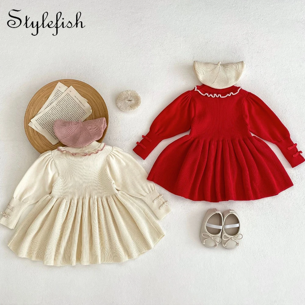 Spring and Autumn New Children's Clothing Women's Fashion Red Round Neck Lace Solid Long Sleeve Sweet Skirt Overlay Dress