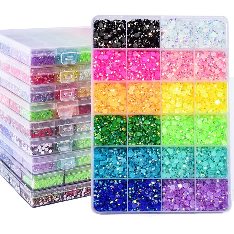 Nail Decoration Boxed 24 Compartments 4mm Mix Candy Colors Jelly AB Flatback Resin Non Hot Fix Rhinestones 3D Nail Art DIY