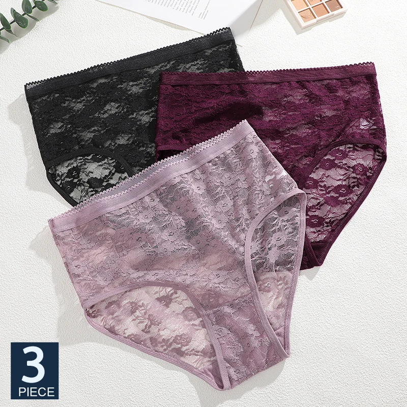 FINETOO 3Pcs frauen Spitze Höschen Hohe Taille Sexy unterwäsche Transparent dame Unterhose Eng Anliegende Plus Größe Slips S-XXL