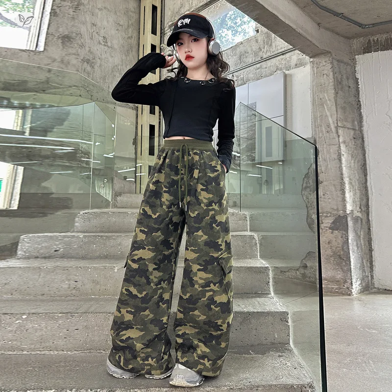 Kids Spring Autumn Sporty Wide Leg Cargo Pants Girls Casual Dance Workwear Straight Leg Trousers Children's Loose Fit Sweatpants