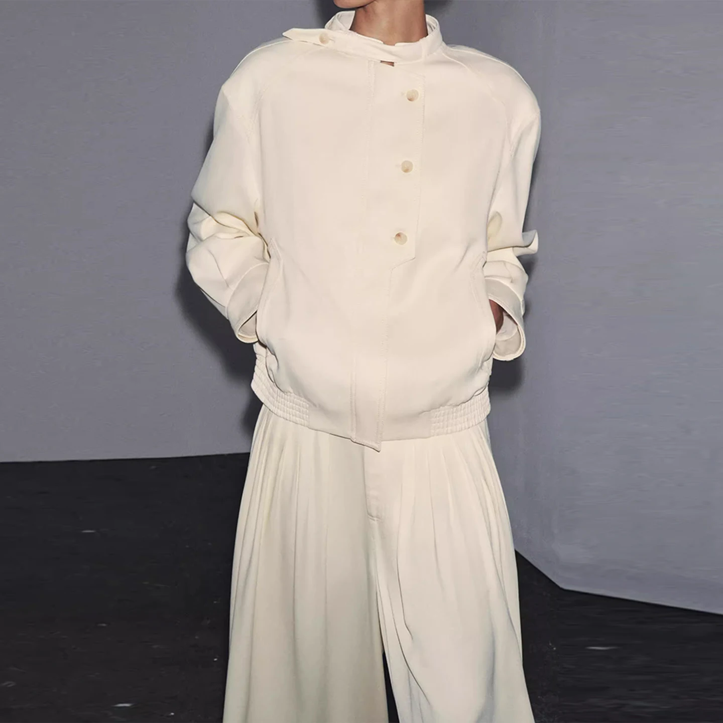 

Z Women's Faion Loose Jaet Coat Button Decorated Two-color Sli ort Outerwear Chinese Sle Long Sve Stand C...