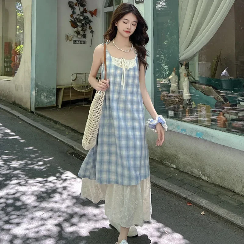 Lace Plaid Camisole Dress 2024 Summer Sleeveless Blue Wine Red Women Fake 2 Piece High Waisted A-line Spliced Long Dress New