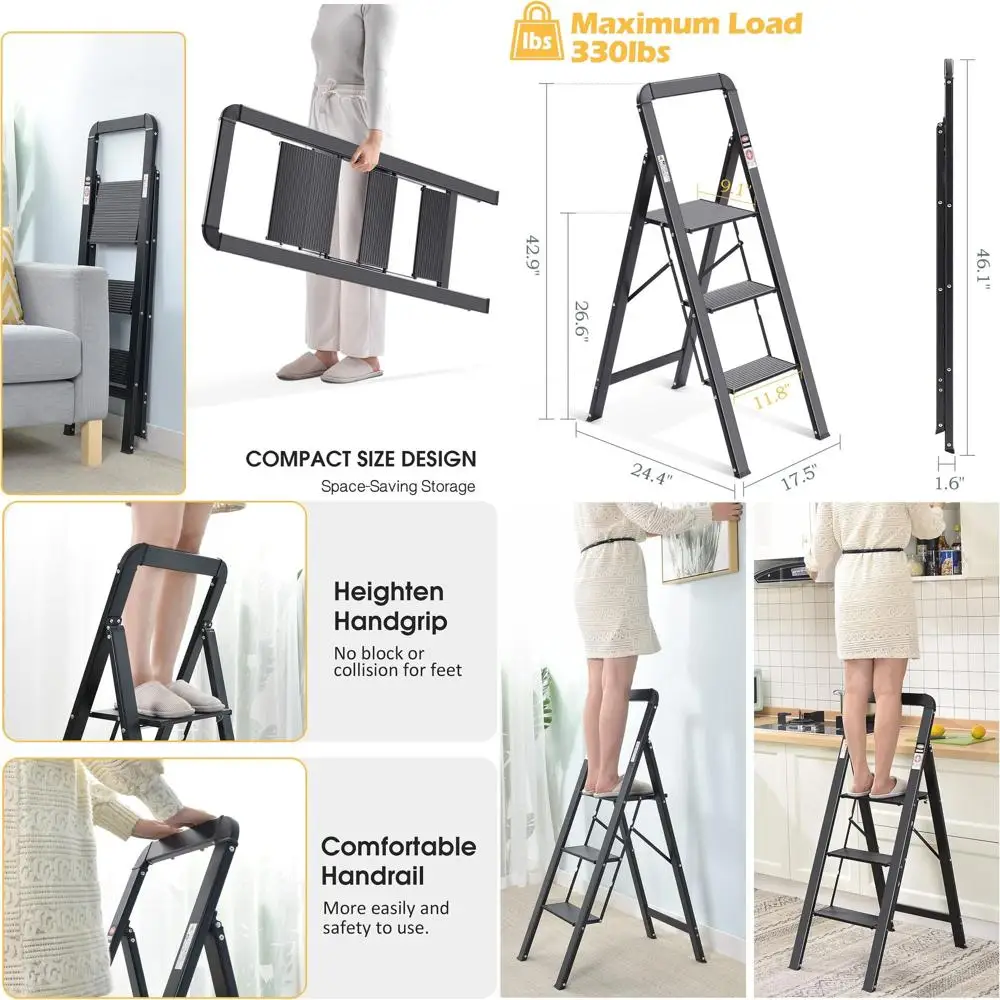 سلم ألومنيوم خفيف الوزن قابل للطي بثلاث خطوات مع مشطات غير قابلة للانزلاق ودرابزين، يدعم 330 رطل للاستخدام المنزلي والمرآب #1