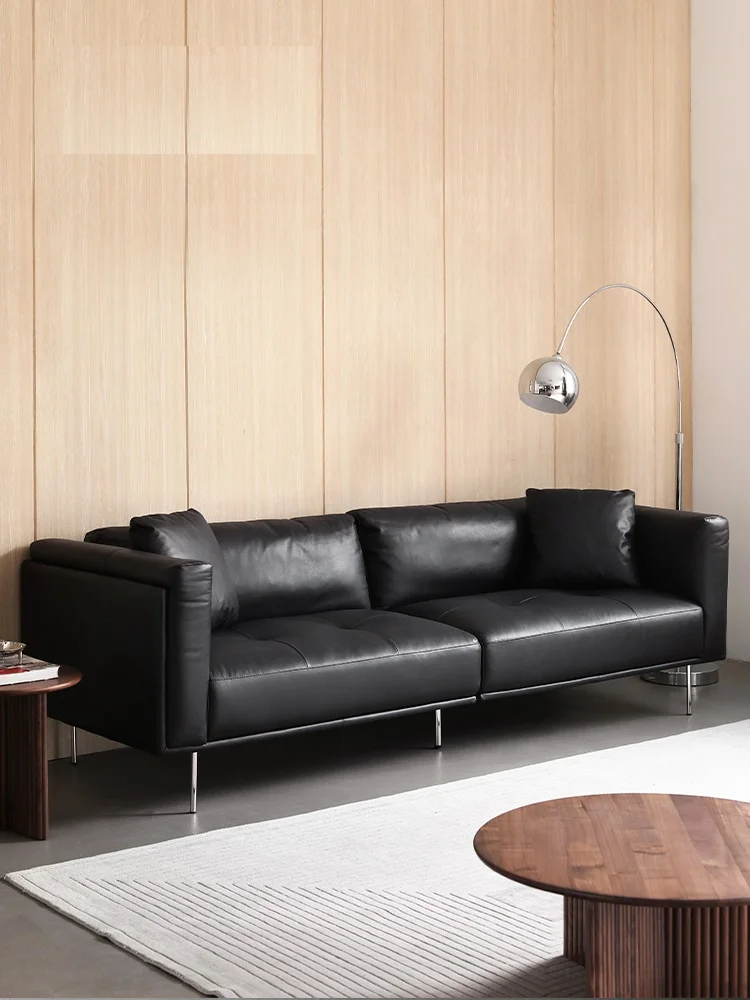 Modern minimalist Italian medieval light luxury full leather sofa head layer cowhide feather black