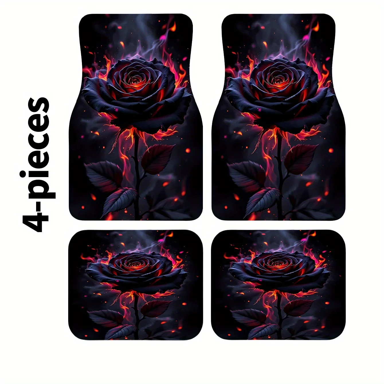 4pcs Set Of Black Rose With Fiery Flame Print Car Floor Mats, Front And Rear Carpets, Car Interior Accessory Floor Mats, Suitabl