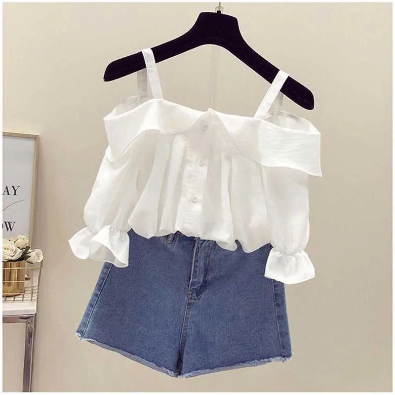 Fashion Slip Slash Neck Off Shoulder Ruffles Shirts Women\'s Clothing 2024 Summer New Loose Sweet Tops Butterfly Sleeve Blouses