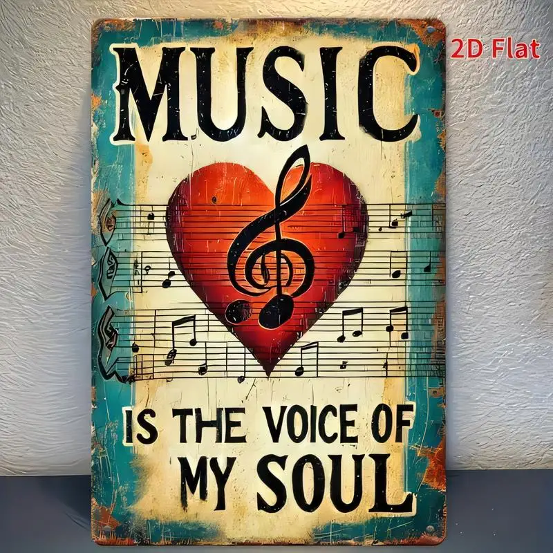 Music Is The Voice Of My Soul Vintage Metal Tin Sign - Retro Heart & Treble Clef Design, Iron, Red/Blue, Perfect for Home/Music