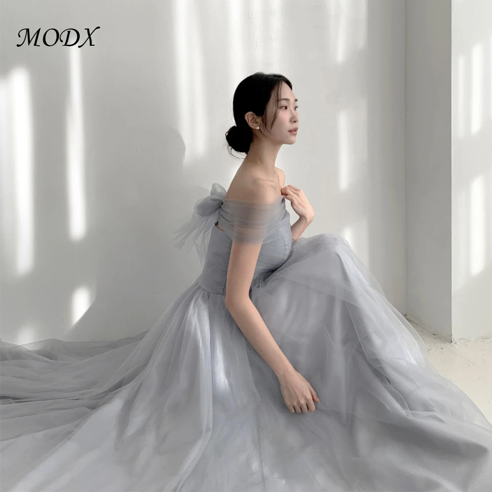 

MODX Simple Dusty Blue Soft Tulle Korea Promes Dresses Customised Strapless Corset Evening Gowns Wedding Photo Shoot