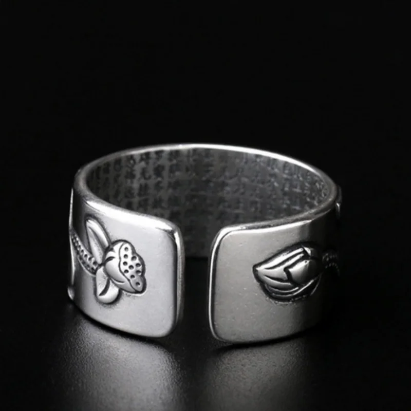 BOCAI S999 Sterling Silver Rings for Women Men New Fashion Lotus Heart Mantra Adjustable Pure Argentum Jewelry Free Shipping