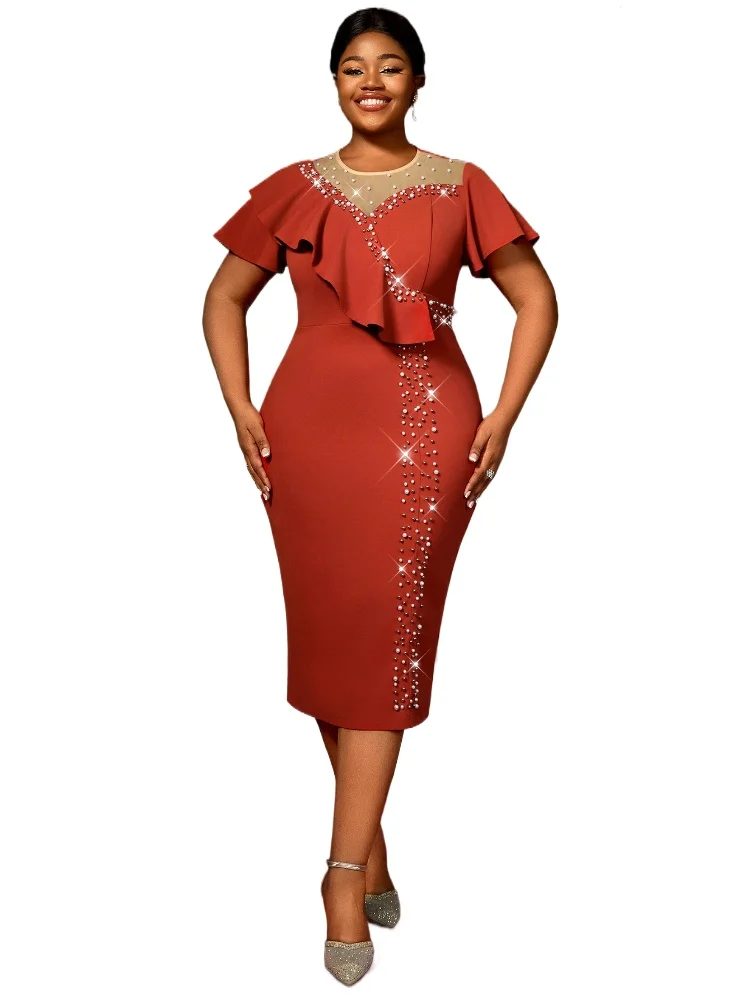 

Elegant Chuch Dresses Women Bodycon Beaded Ruffles Short Sleeves Mesh Patchwork Neckline Party Wedding Guest Brithday Business