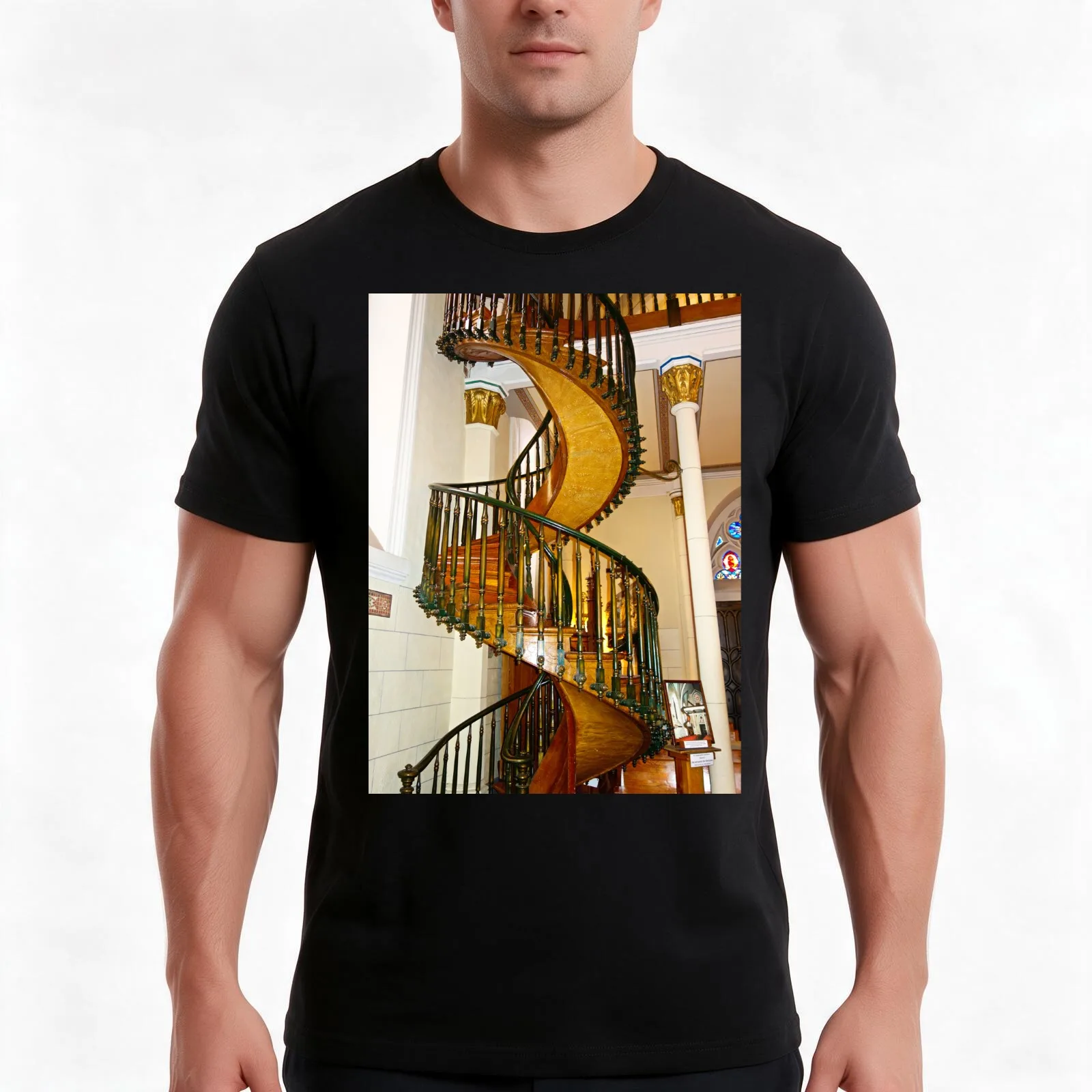 Loretto Chapel Staircase T-Shirt, Summer Casual Cotton Tee, Oversized Streetwear Tops, Vintage Graphic Print, Unisex Men Women