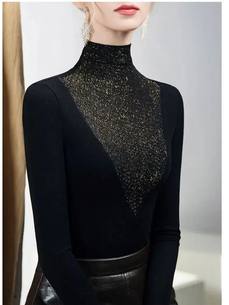 Women's Sparkle Yarn & Brushed Fabric Turtleneck Top 2025 Glam Long Sleeve Layering Tee Shirt for Autumn Winter