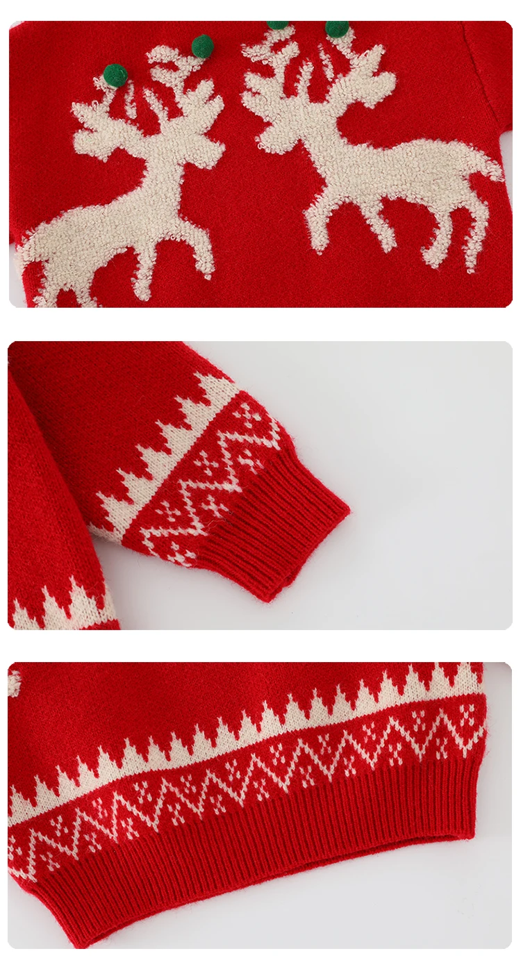 Kinder-Weihnachtspullover-Kostüm für Mädchen, Neujahrspullover mit Hirschmotiv, gestrickte Kleidung, Kinder-Rollkragenpullover, rote Strickware, Alter 4-13 Jahre – Detail 14