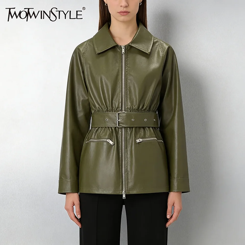 

TWOTWINSTYLE Solid Slimming Spliced Zippers Leather Jackets for Women Lapel Long Sleeves Patchwork Belt Fashion Jacket Female