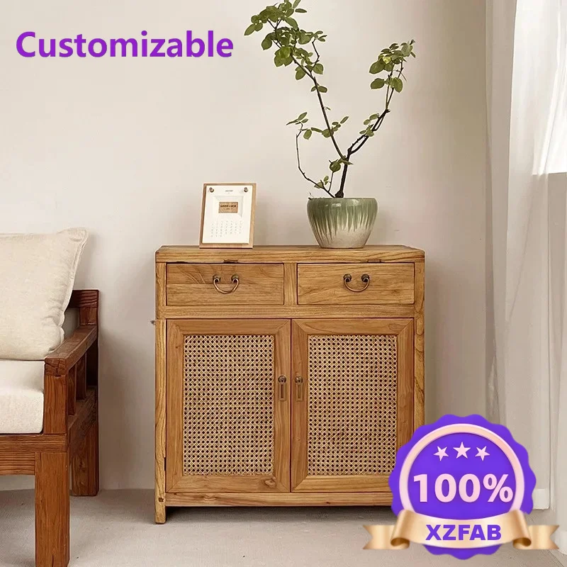 Factory Direct 2026 Wabi Sanfeng Solid Wood Entrance Shoe Cabinet Homestay Old Elm Log Side Cabinet Decorative Cabinet Household