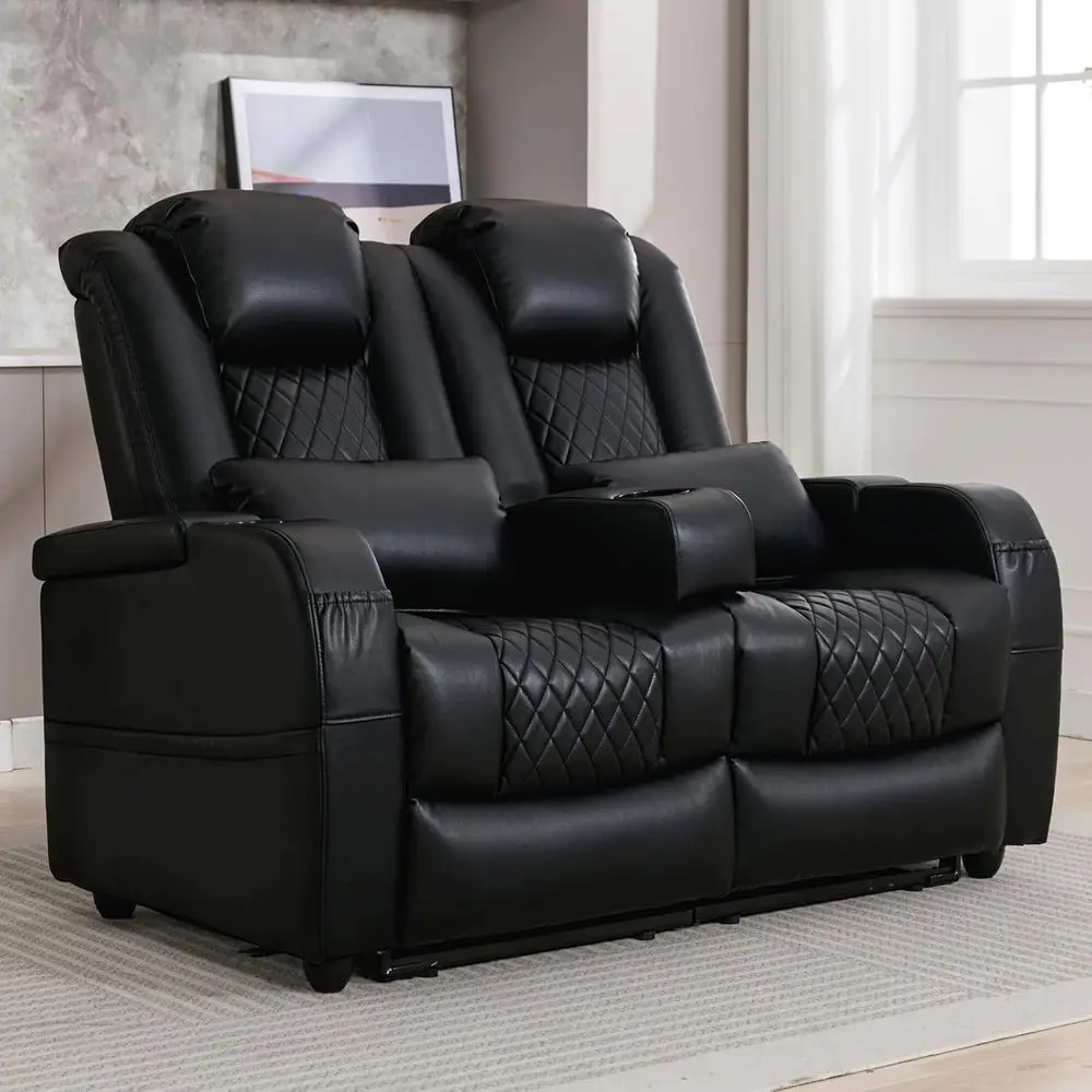 

57 Inch RV Double Recliner Sofa with 3 Arms, 2 Pillows, Wall Hugger & 135° Theater Seating in Black Leather