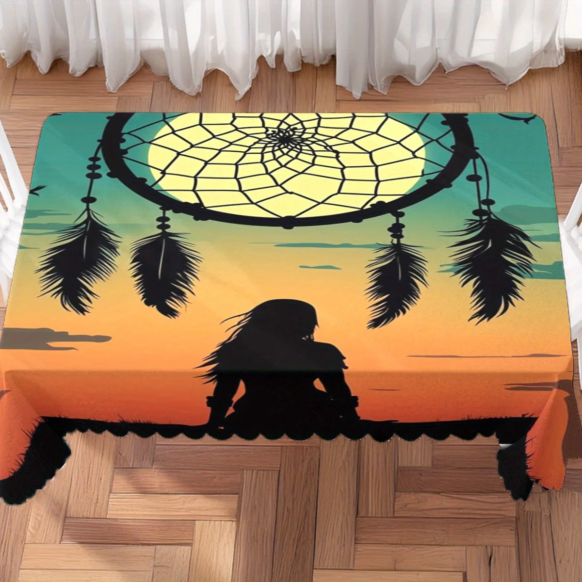 Art Dreamcatcher Moon Sunset Silhouette Waterproof Tablecloth, Rectangular Cover for Ethnic Style Family Table Party Decor