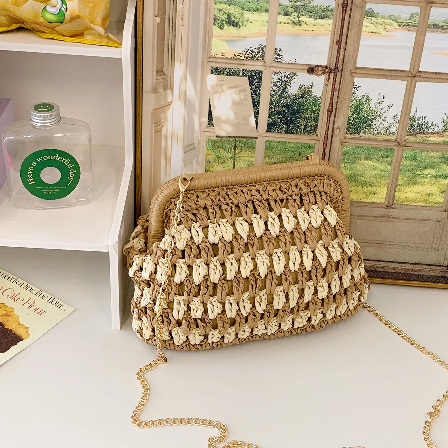 

Trendy Openwork Knit Shoulder Bags for Women Stylish Braided Clasp Design Lightweight Crossbody Purse Summer Beach Tote Handbag