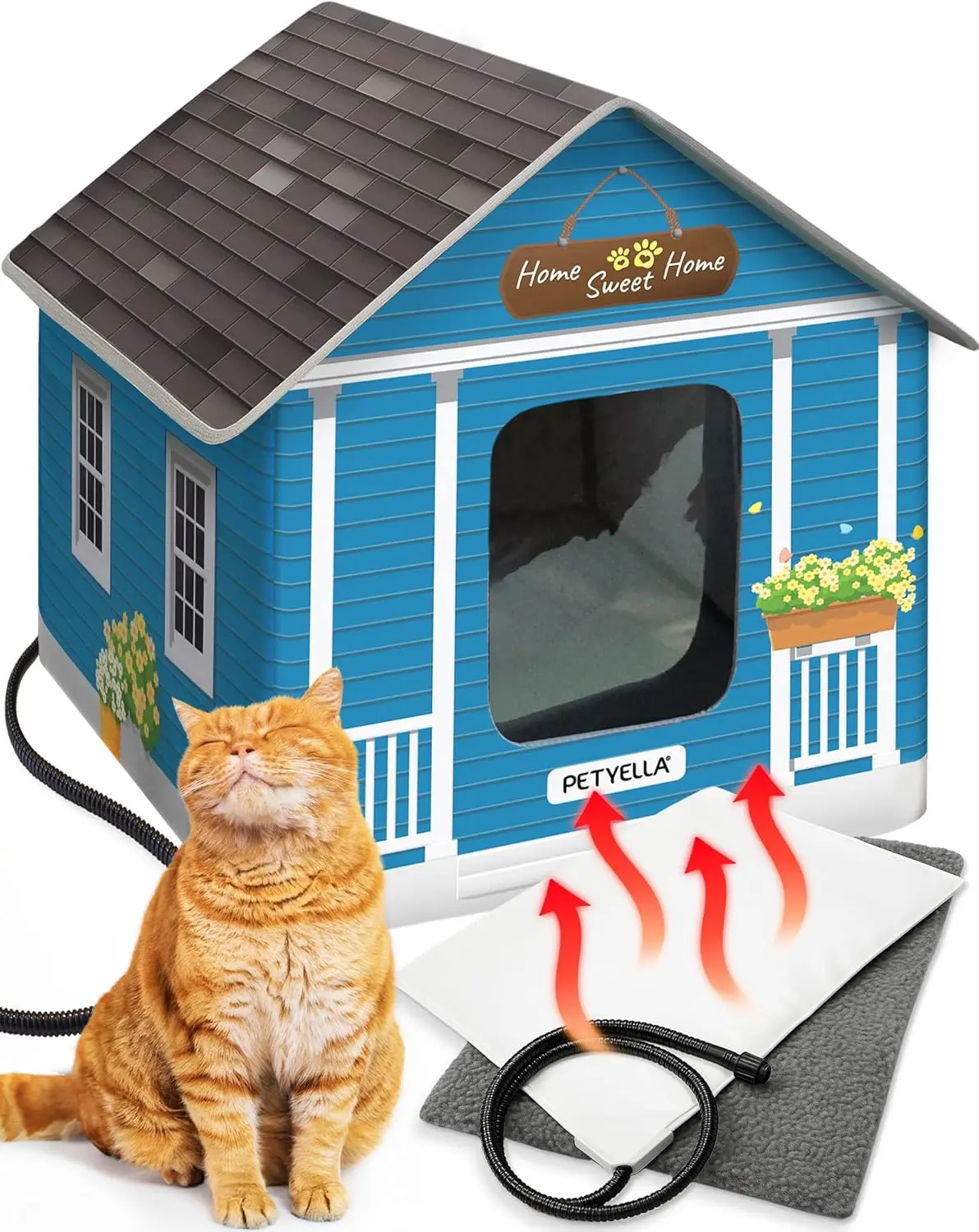 

Insulated Heated Cat House with Dual Doors, Weatherproof for Outdoor & Indoor Use - Blue Tiles Design