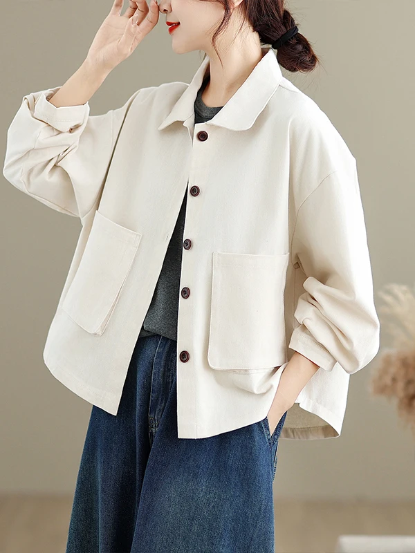 カジュアルなコットンワークウェア、またはジャケット、女性用、秋、大きいサイズ、ゆったりフィット、襟付き、長袖、オープンカーディガン、トップス、芸術的な斜め...