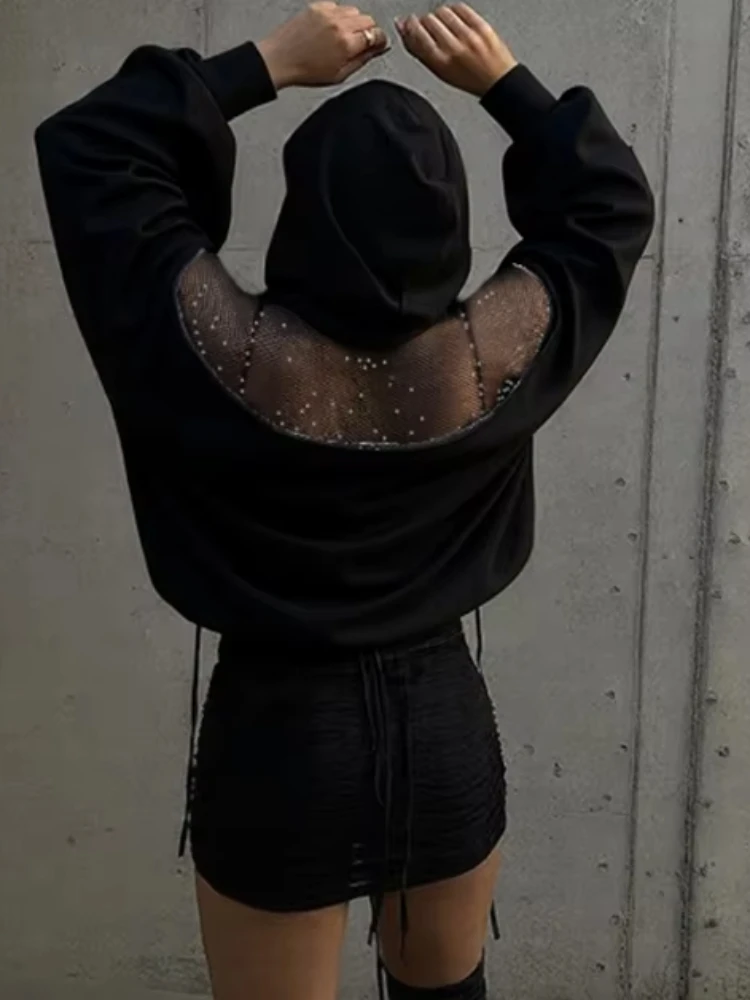 Jersey con capucha sin espalda para mujer con cremallera de malla diseño de retazos de manga completa de calle alta moda Casual estilo Simple clásico Tops