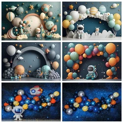 Outer Space Happy Birthday Photography Background Astronaut Rocket Backdrop Banner for Children's Birthday Party