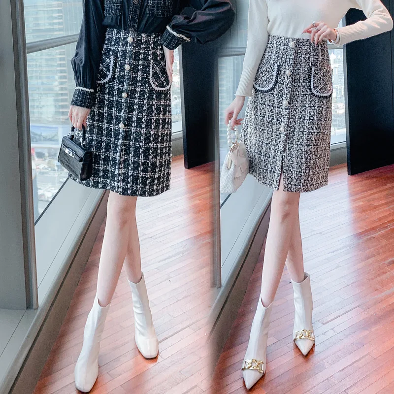 

2022 Autumn Winter New Small Fragrant Wind Woolen Long Skirt High Waist Slim Simple Black Grid Word Women Hip Skirt