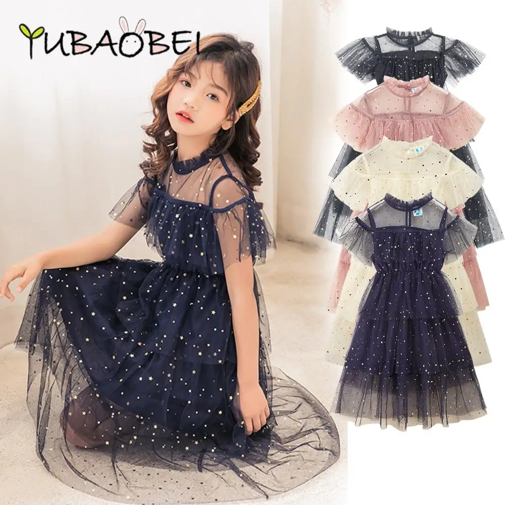 Kids Summer Mesh Dresses for Girls Korean Children\'s Star Princess Dress Short Sleeve Birthday Party Gown Costume 6 8 10 12 Year