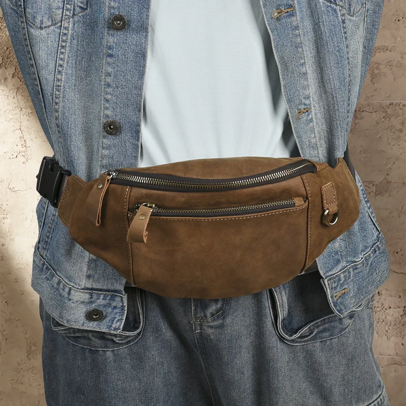 

Fanny Pack with Multiple Zipper Pockets Purse Adjustable Waist Strap Vintage Genuine Leather Cowhide Waist Packs Men Phone Bags
