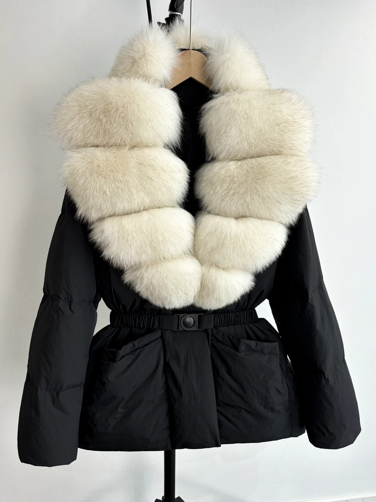 Lagabogy 2025 Large Real Fox Fur Winter Belt Waist-Tight Elegant Warm 90% White Duck Down Jacket Female V-neck Loose Puffer Coat