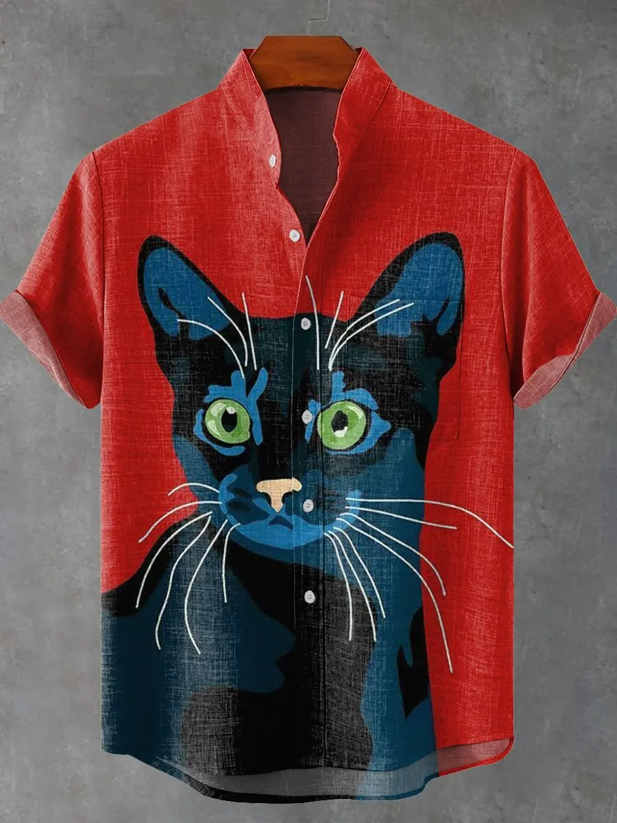 

Hawaiian Men's Linen 80% Shirt 3D Kitten Print Style Short Sleeve Top Casual Fashion Clothing Summer