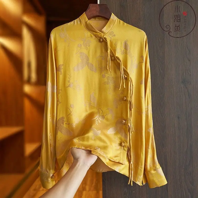 Yellow Print Fake Silk Women Shirts 2024 Summer Vintage Chinese Style Office Lady Work Blouse Disc Buckle Loose Blause Top KN370