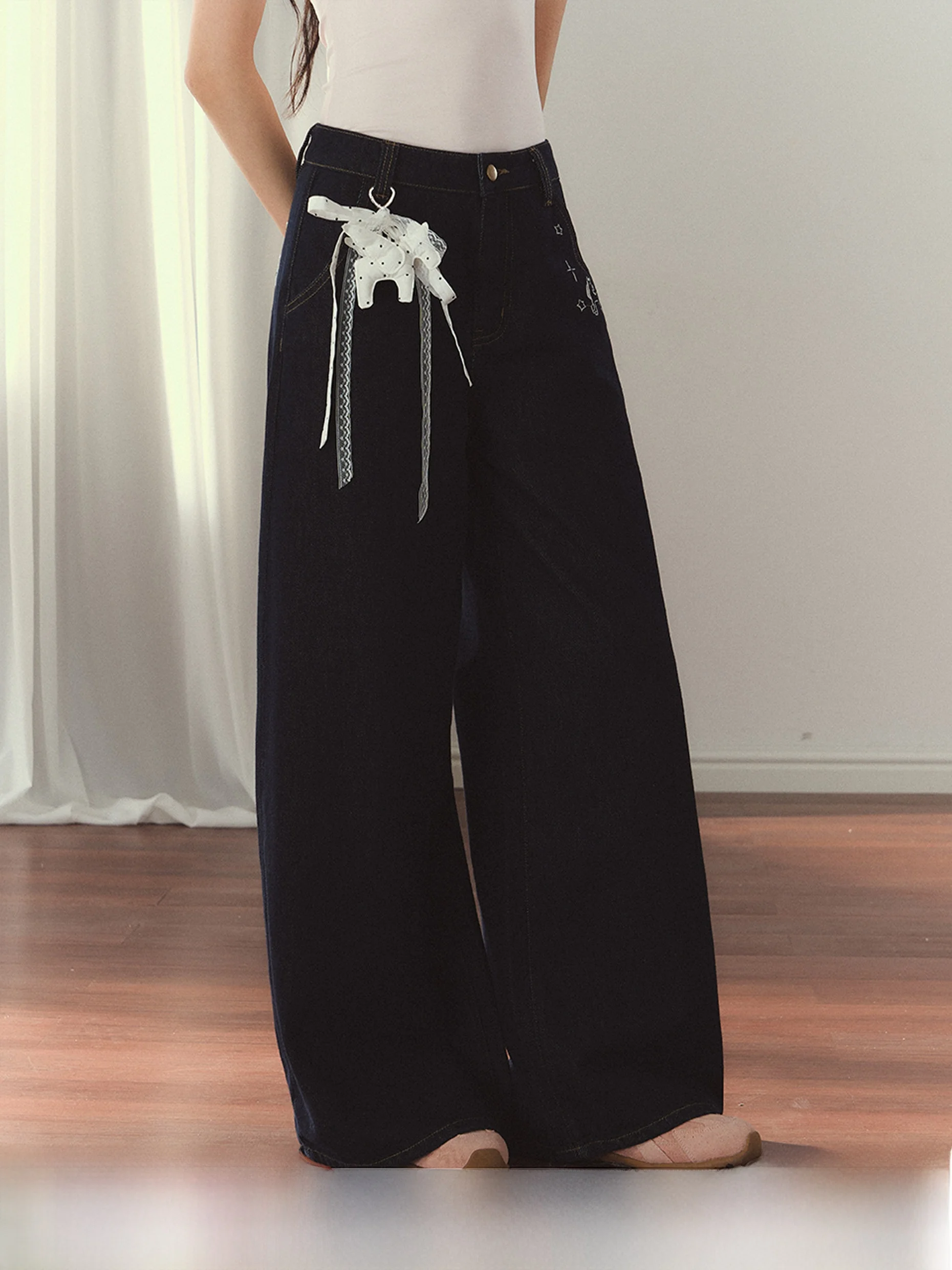 

Джинсы Umoumo Star с вышивкой, свободного кроя, с высокой талией, из хлопкового денима, темно-синие, универсальные, для девочек