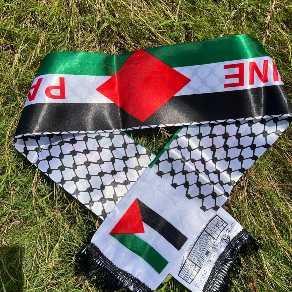 وشاح فلسطين 130 × 14 سم وجه ستان مطبوع فلسطين علم اليوم الوطني خريطة القصر وشاح شال #3