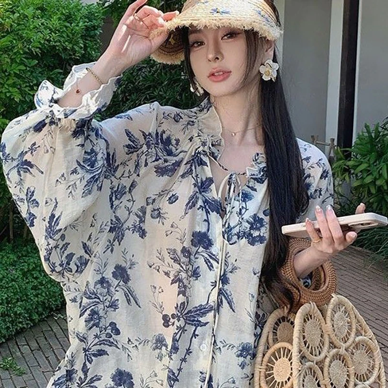 

Summer Women Floral Print Drawstring Long Sleeve T Shirt Fashion Casual All-match Sweet Loose Sunscreen Shirt Tops Holiday Beach