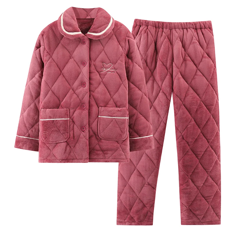 Women's Pure Color Coral Fleece Winter Fleece-Lined Thickened Warm Three-Layer Quilted  Lapel Homewear Suit Simple Loose Fashion