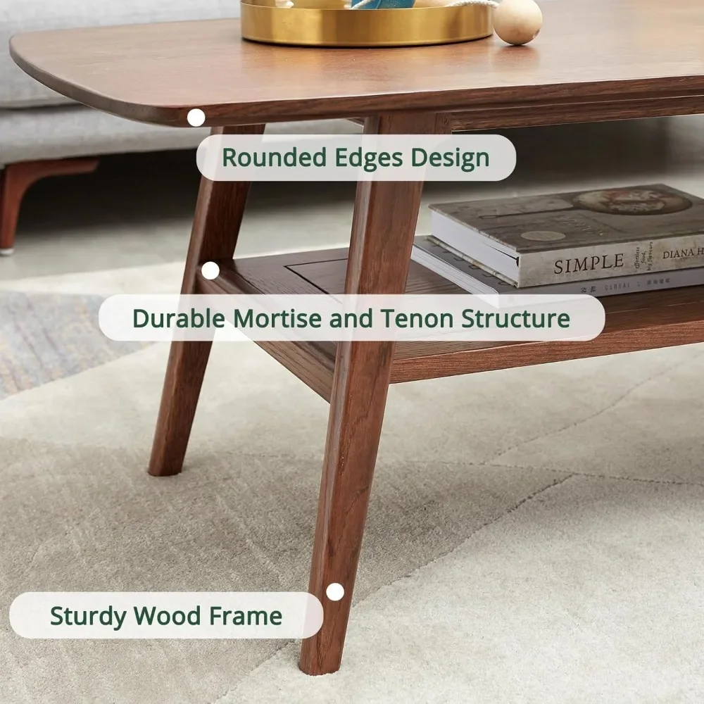 طاولة قهوة من خشب البلوط الصلب بطبقتين - طاولة مركزية عملية مع مساحة تخزين مزدوجة للشقق الصغيرة وغرف المعيشة وغرف النوم