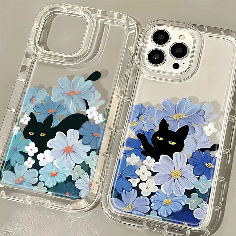블랙 캣 플라워 케이스 아이폰 17 16 15 14 프로 맥스 13 12 미니 11프로 XR 7 8 플러스 충격 방지 커버 방진 케이스